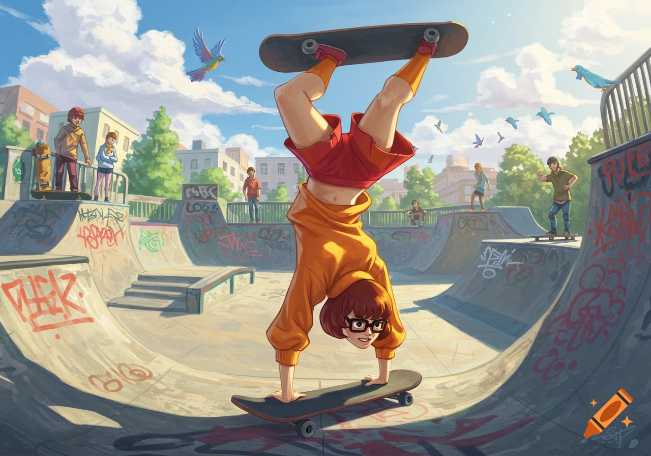 Velma from Scooby-Doo does a handstand on a skateboard in a cartoon-style skatepark with other people and graffiti.