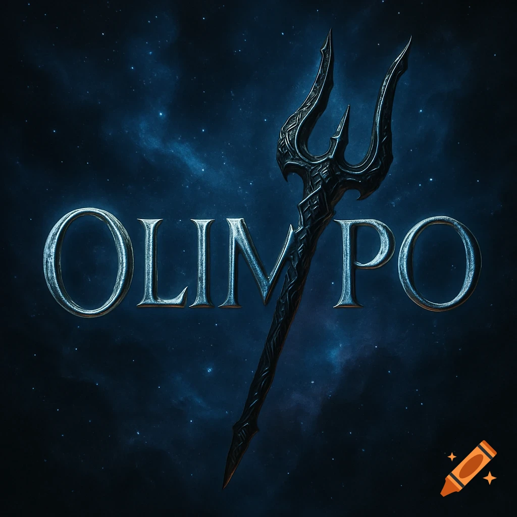 The word "OLIMPO" in metallic, textured 3D letters, with a dark, ornate trident replacing the 'Y', set against a dark blue, starry, cosmic background.