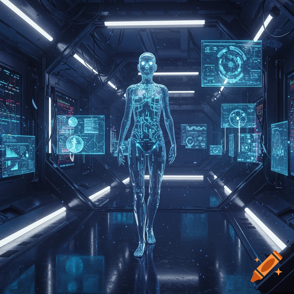 A translucent, glowing humanoid figure with internal circuits walks down a futuristic, dark blue hallway lined with glowing data screens.