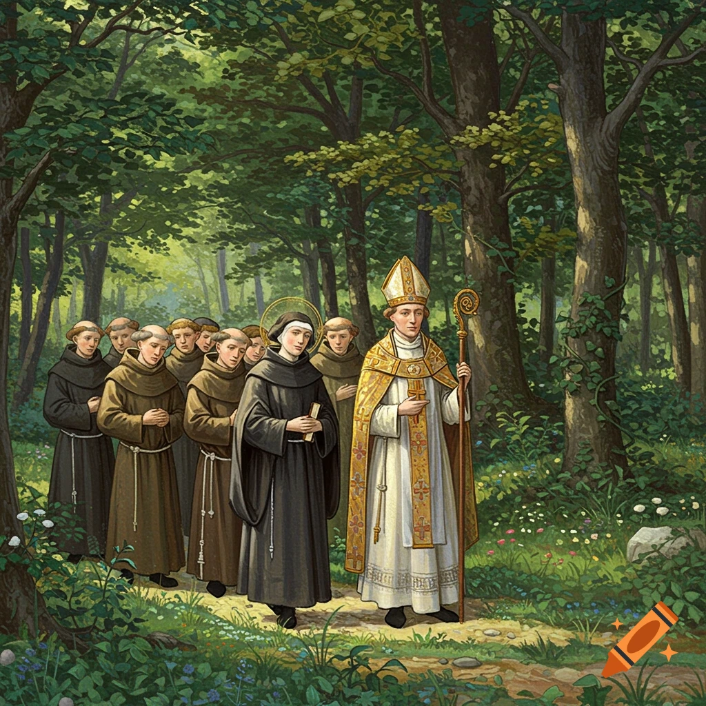 A bishop, a nun, and monks walk on a path through a sunlit, verdant forest, in a 14th-century painting style.