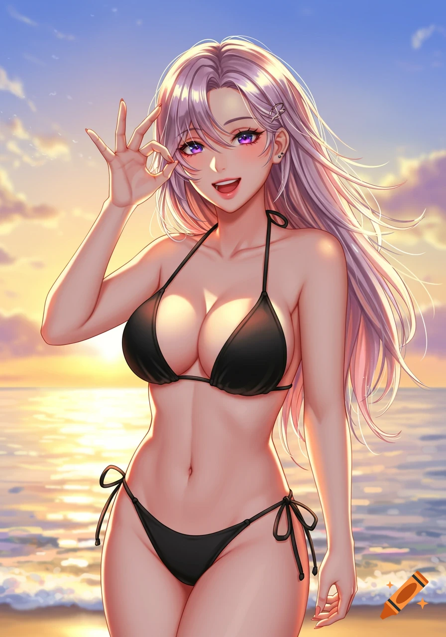 Anime woman with long silver hair in a black bikini makes an OK sign on a beach at sunset.