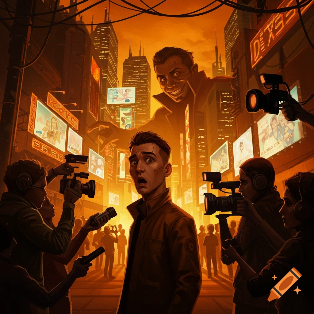 A man looking shocked is surrounded by a throng of press with cameras and microphones in a cyberpunk city, while a gigantic sinister figure smiles menacingly from behind the buildings.