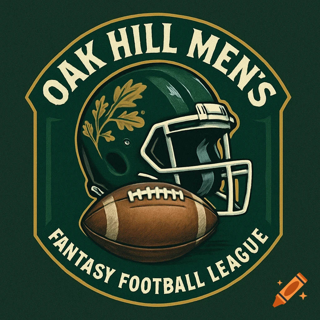 A green and gold logo for Oak Hill Men's Fantasy Football League featuring a football helmet and a football.