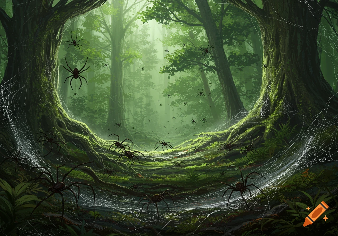 A dark, misty forest floor covered in numerous spiders and shimmering white spiderwebs.