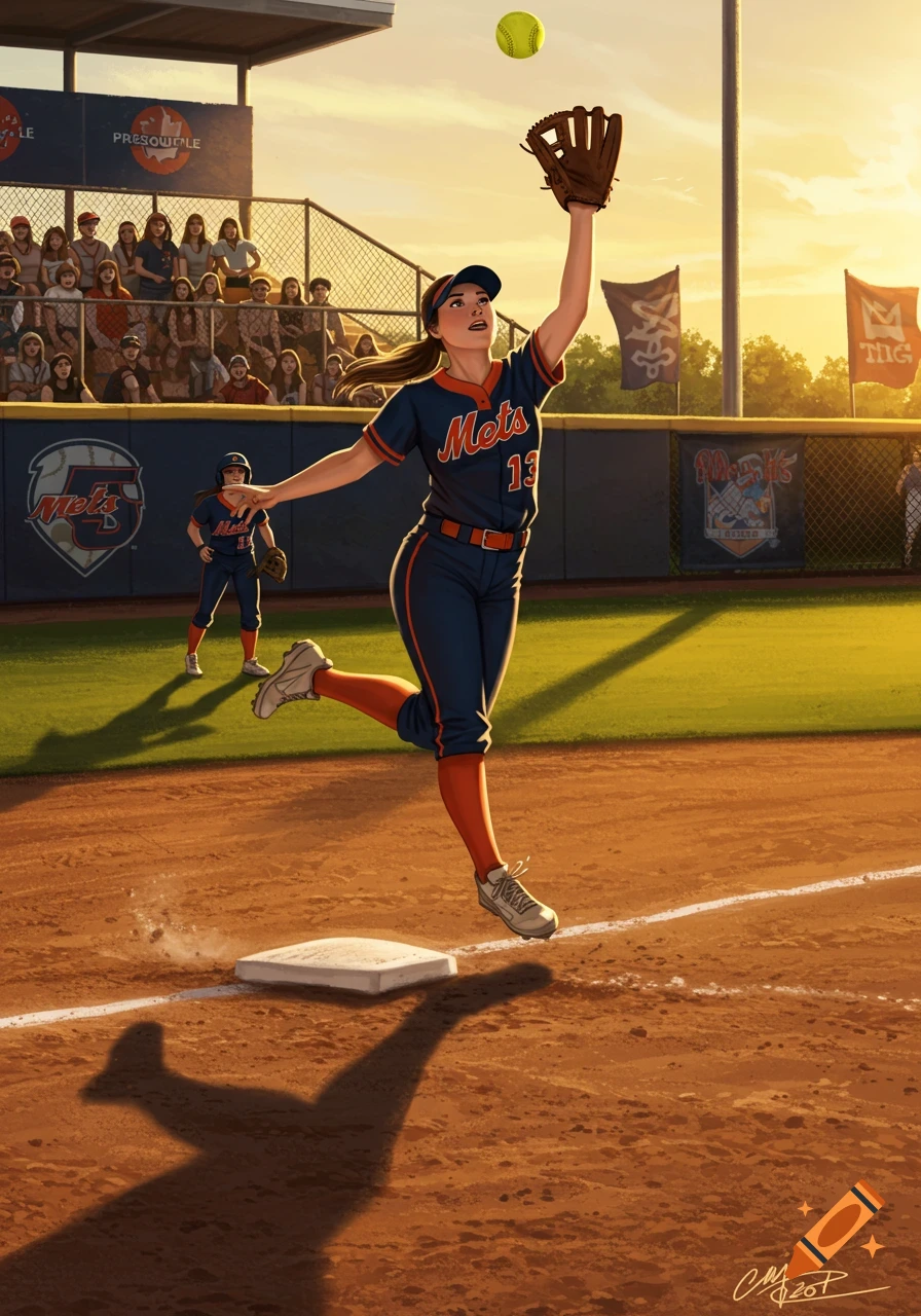 Illustrated female softball player in a blue Mets uniform jumping to catch a ball on a field during sunset.