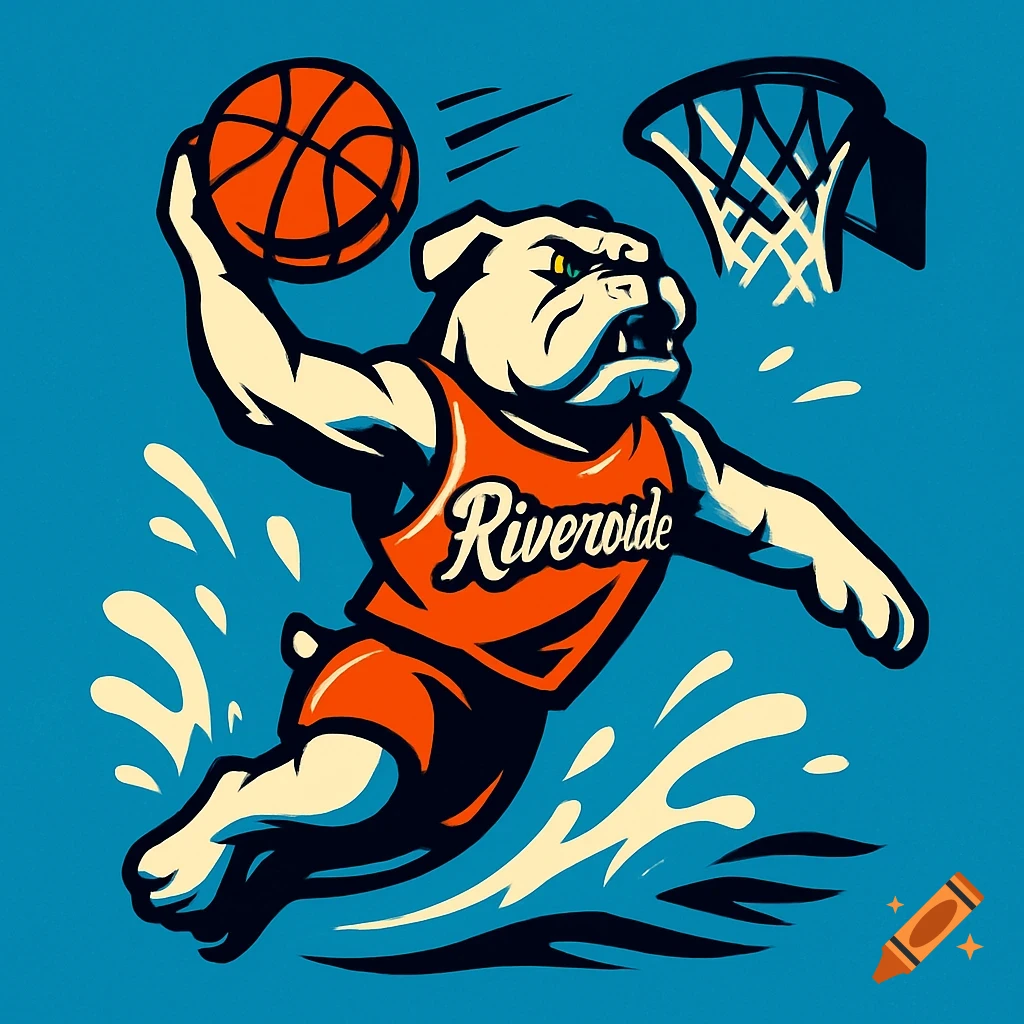 Cartoon bulldog mascot in an orange jersey dunking a basketball against a blue background.