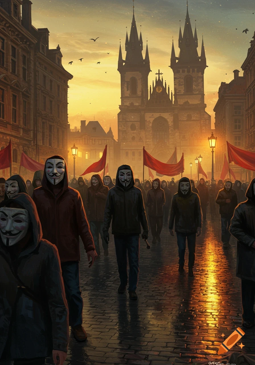 A crowd of people wearing Guy Fawkes masks march down a wet cobblestone street towards a gothic church at sunset.