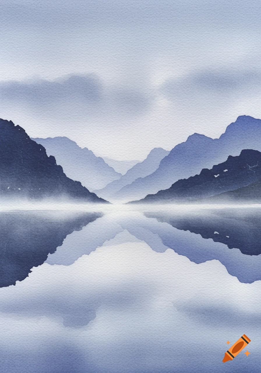 Soft watercolor painting of serene blue mountains reflecting in a still body of water.
