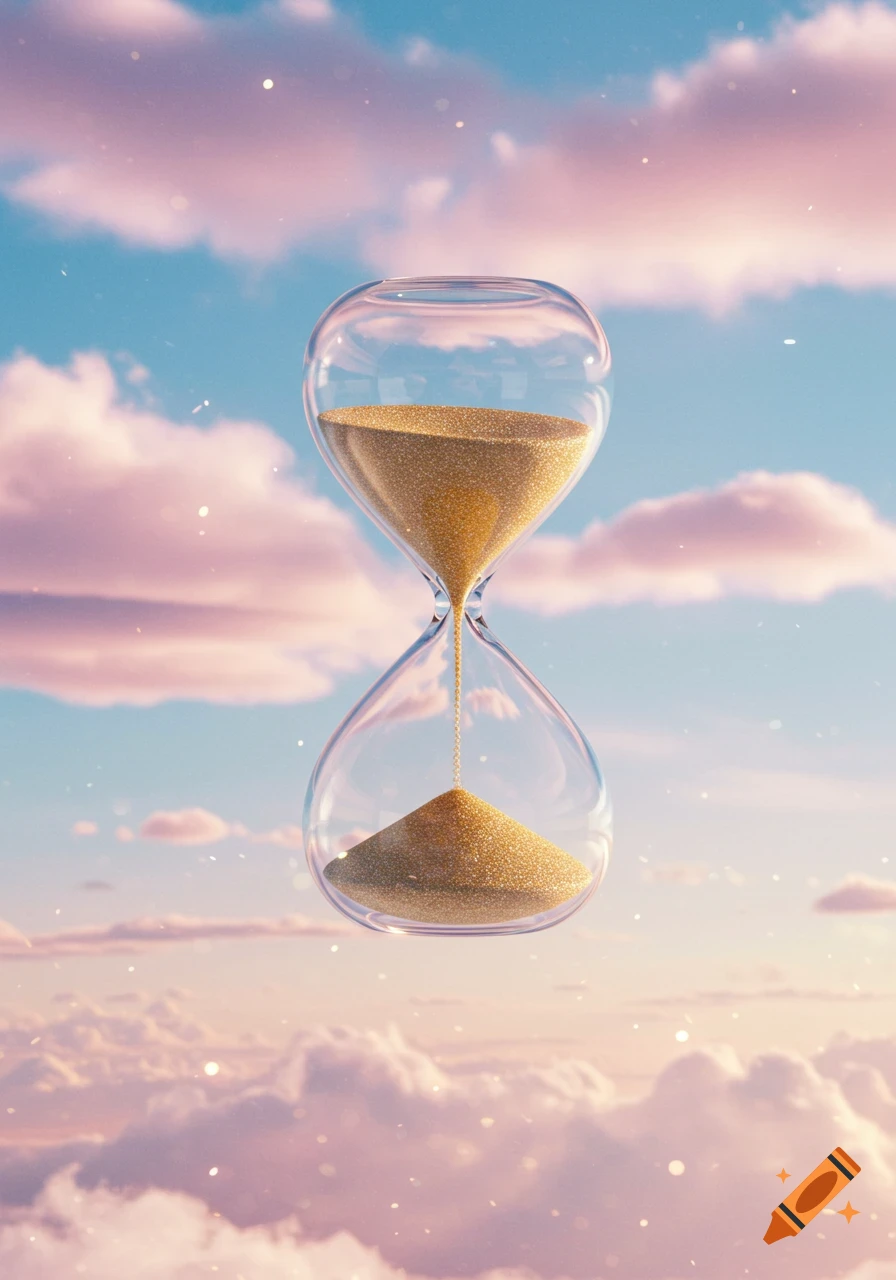 A glass hourglass with golden sand flowing, suspended in a soft pink and blue cloudy sky with shimmering particles.