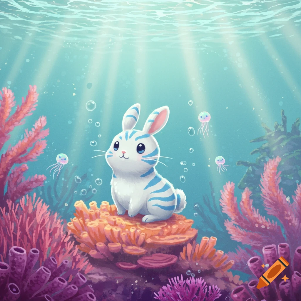 A cute white and blue striped sea bunny sitting on orange coral underwater with jellyfish and sun rays.
