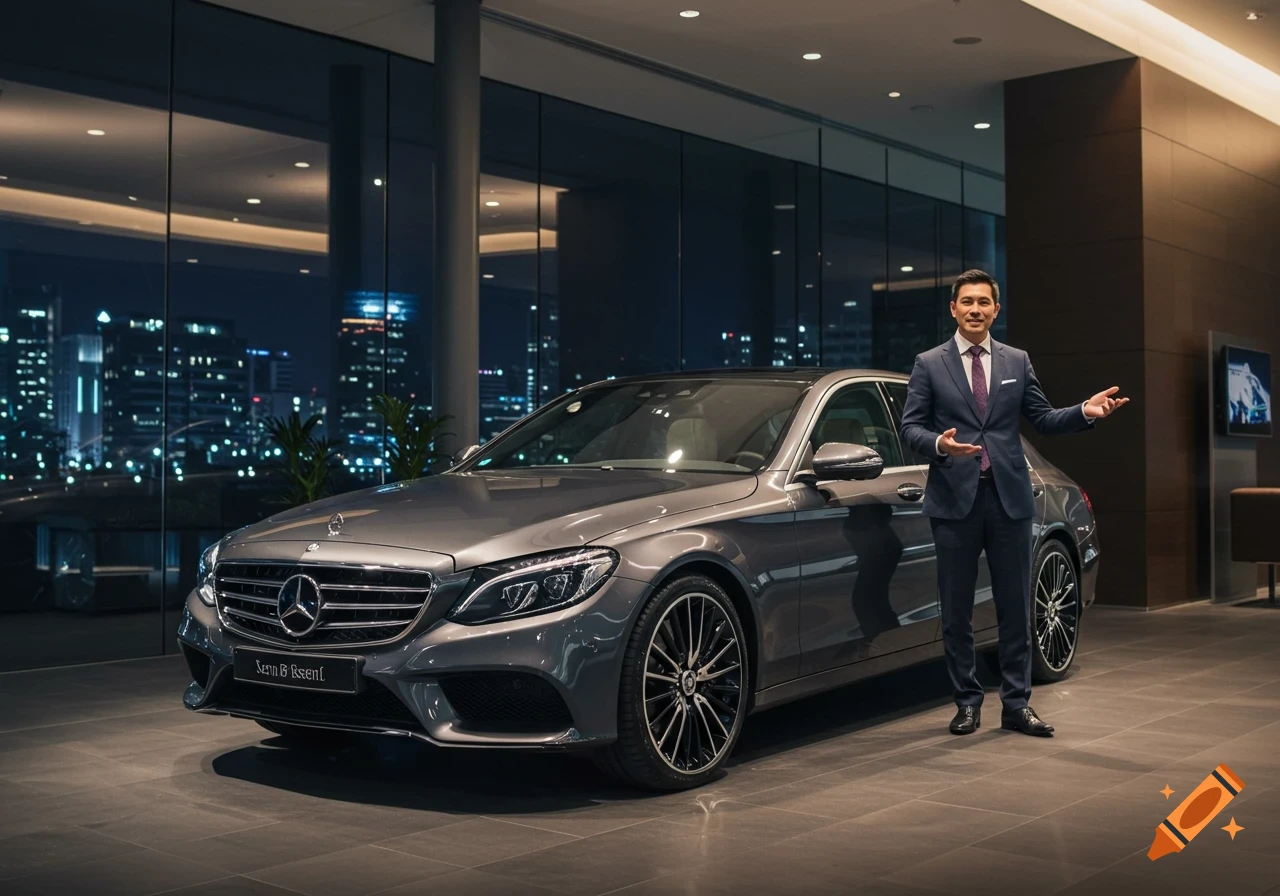 A smiling man in a suit stands next to a grey Mercedes sedan in a modern car showroom with city lights visible outside.