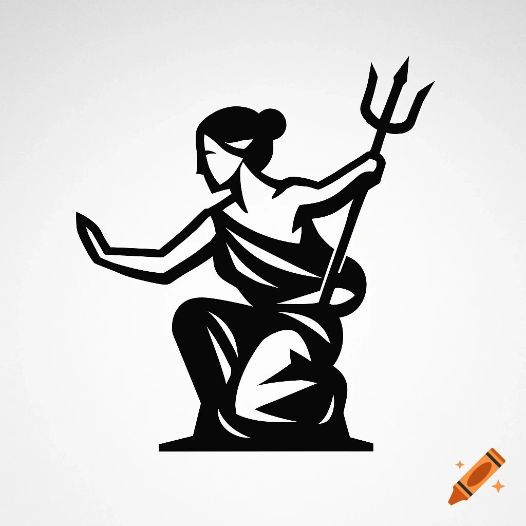Black silhouette logo of a female figure kneeling and holding a trident.