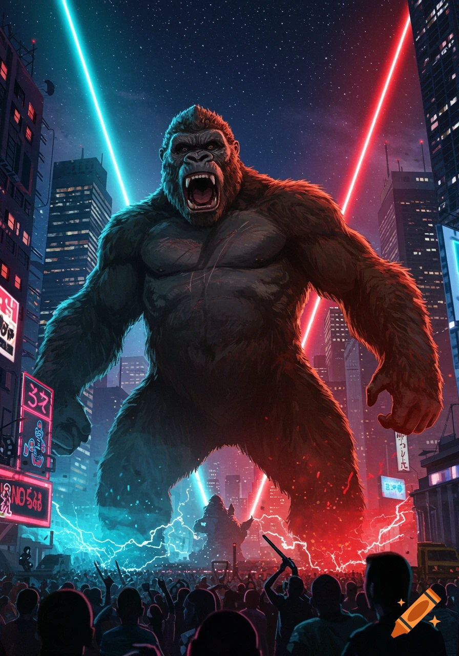 A colossal ape, King Kong, roars in a neon-lit futuristic city as red and blue laser beams cross in the night sky. A crowd of people looks up at the monster.