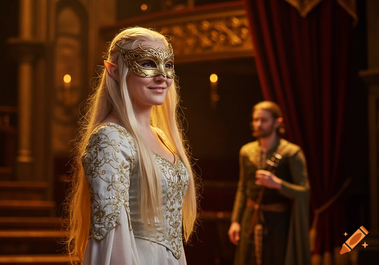 A photorealistic image of a blonde elvish woman in a gold mask and white and gold dress, smiling on a medieval stage with a man in the background.