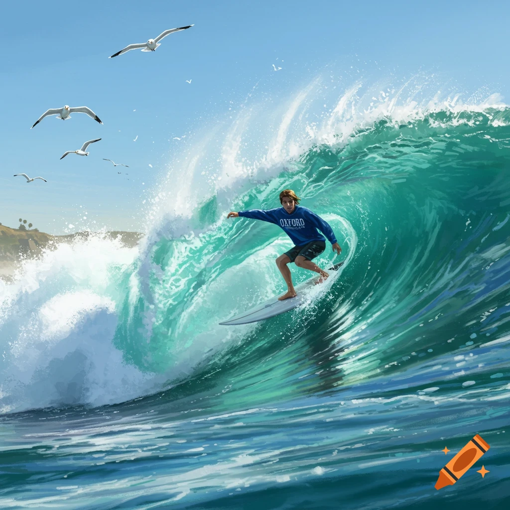 A man in a blue Oxford sweatshirt surfs a large teal wave under a bright sky with seagulls.