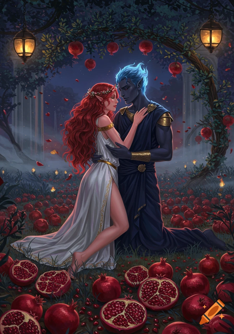 Persephone and Hades embrace in a dark, enchanting pomegranate grove with glowing lanterns, in a Greek mythology fantasy art style.