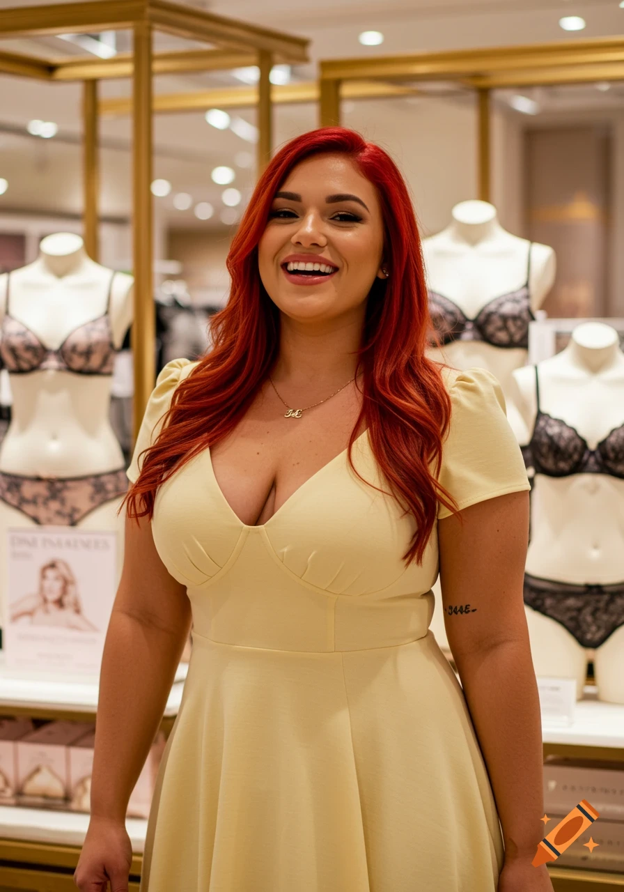 A confident red-haired woman in a pale yellow dress smiles in a department store lingerie section.