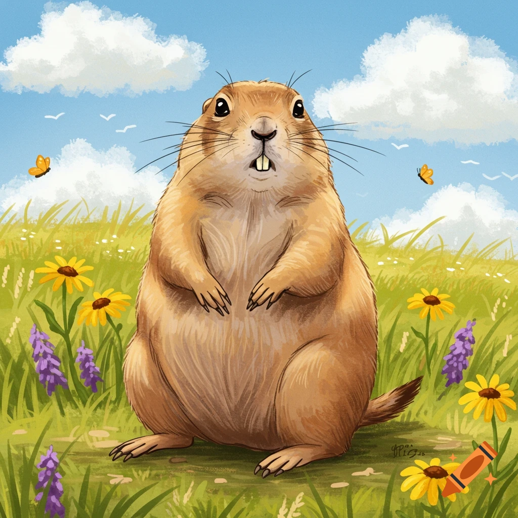 A cute prairie dog stands in a sunny field with yellow and purple wildflowers, butterflies, and clouds in a cartoon illustration.
