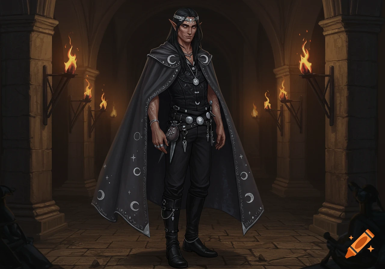 A dark elf male in a black cloak with silver moons and stars stands in a stone dungeon lit by torches.