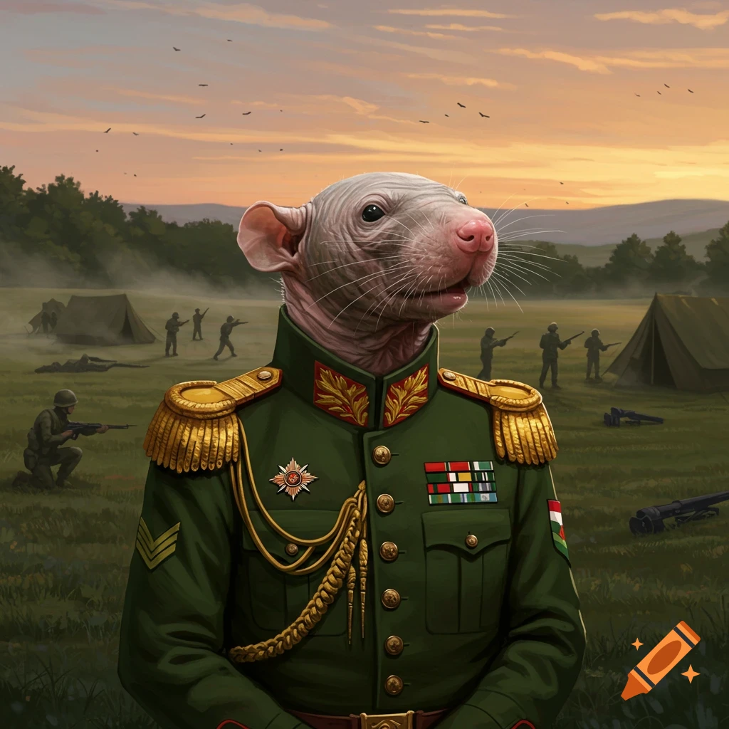 A naked mole rat in a detailed green military uniform stands in a grassy field with soldiers and tents in the background at sunset.