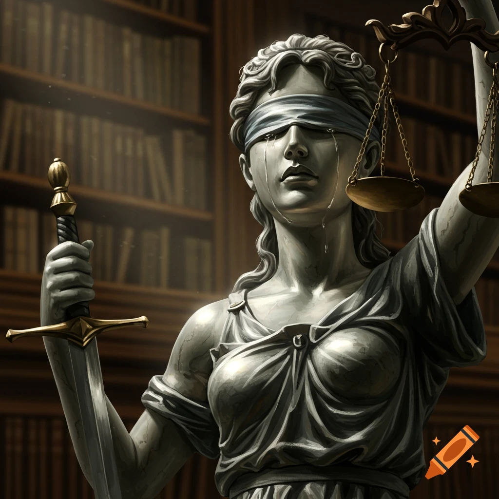 A stone statue of Lady Justice weeping, holding a sword and scales, against a bookshelf background.