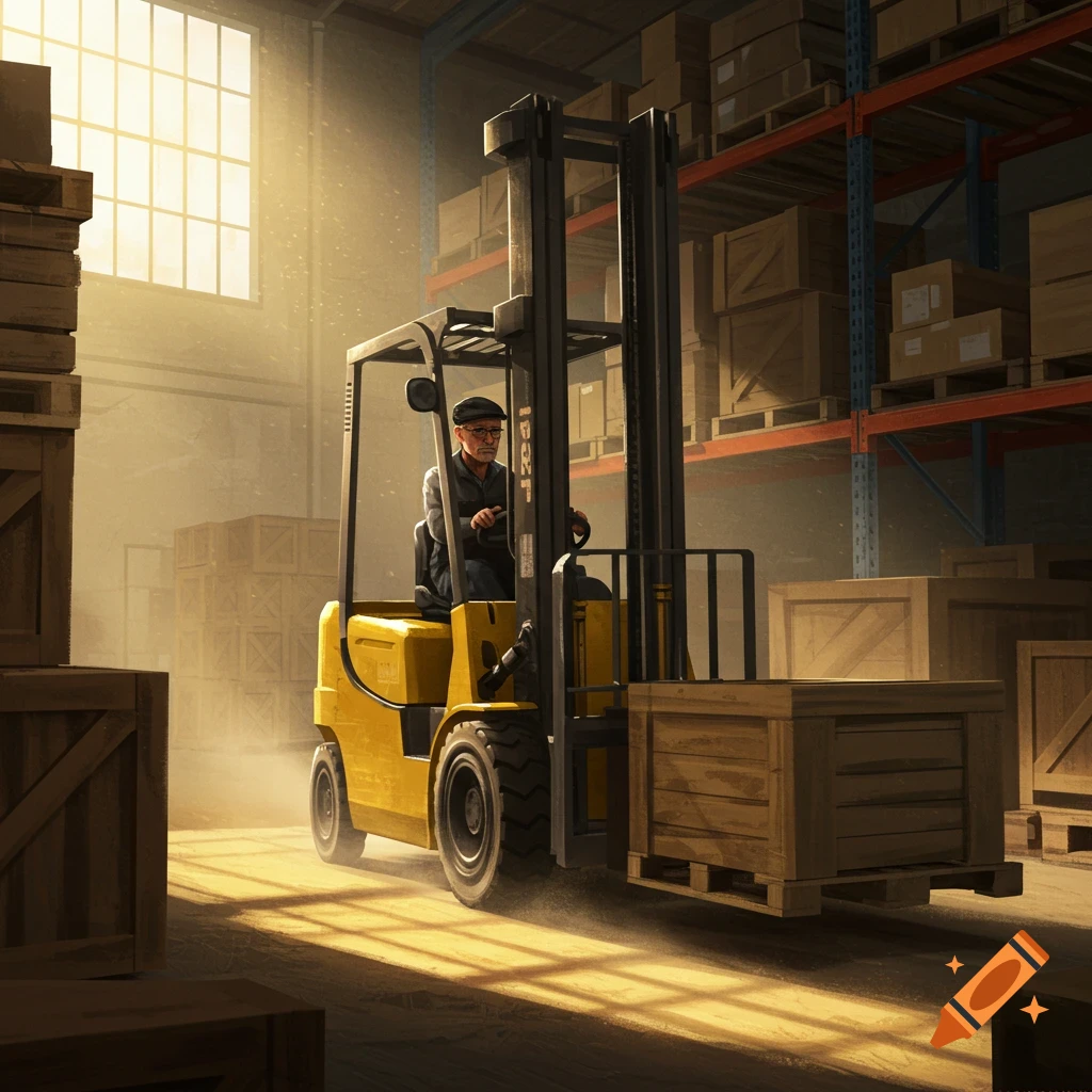 An older man operates a yellow forklift, moving a crate in a sunlit warehouse.