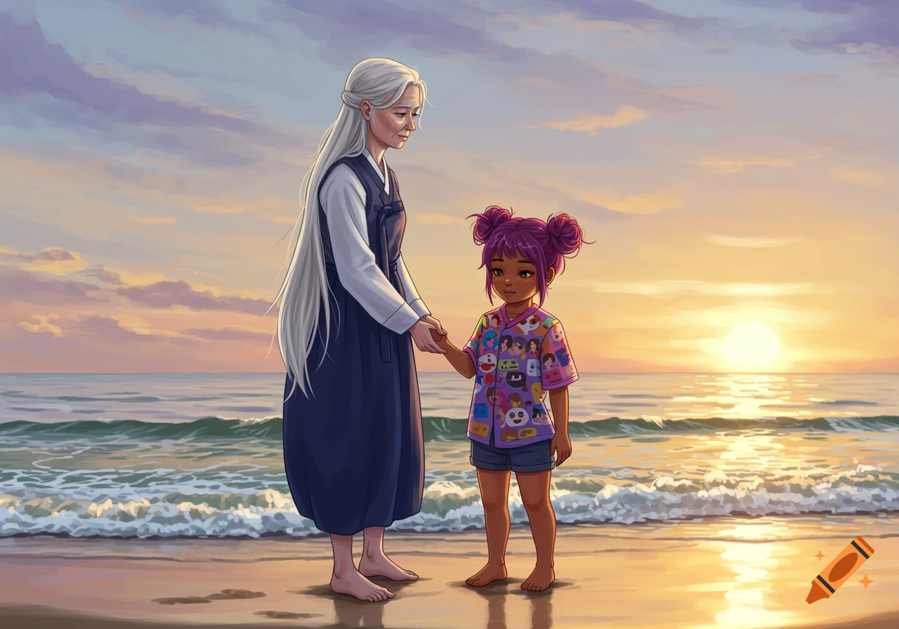 An older woman and a young girl hold hands on a beach at sunset in a digital art style.