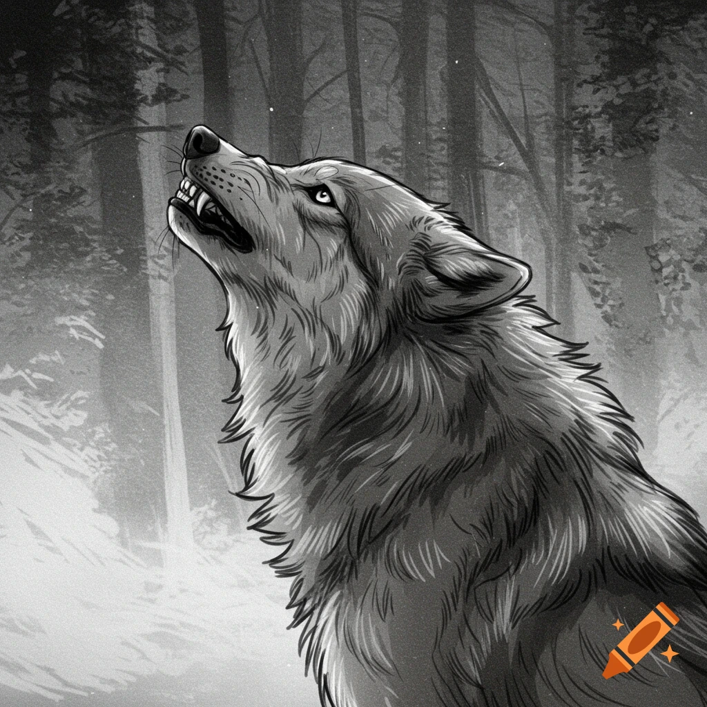A black and white sketch drawing of a wolf with its head tilted up, snarling, in a forest.