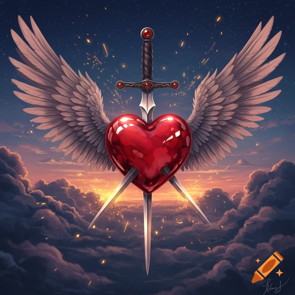 A winged red heart pierced by a sword, set against a dramatic sunset sky with clouds and stars, in a digital art style.