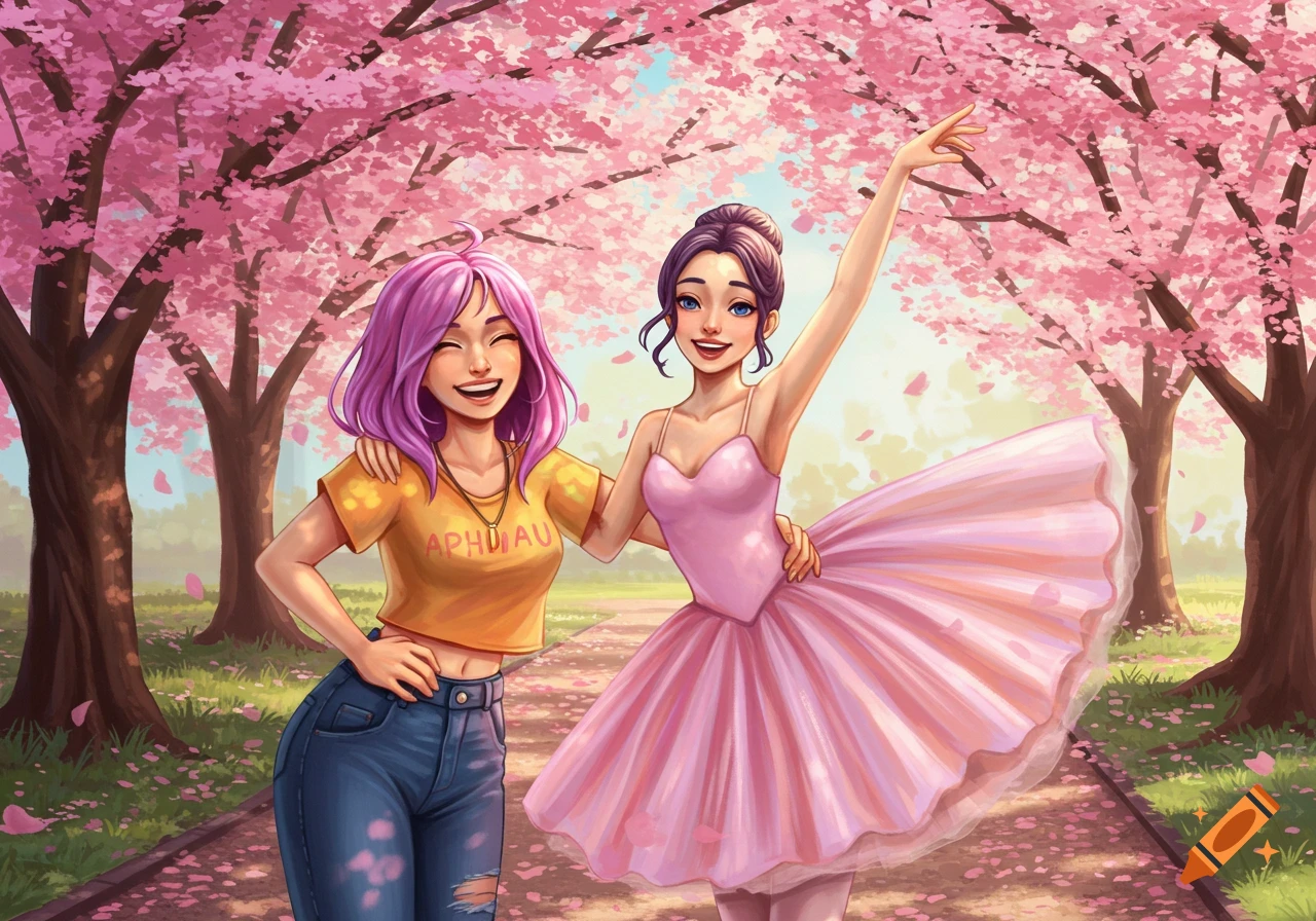 Two smiling young women, one with purple hair in a yellow shirt and jeans, the other a ballerina in a pink tutu, stand together in a park filled with pink cherry blossoms.
