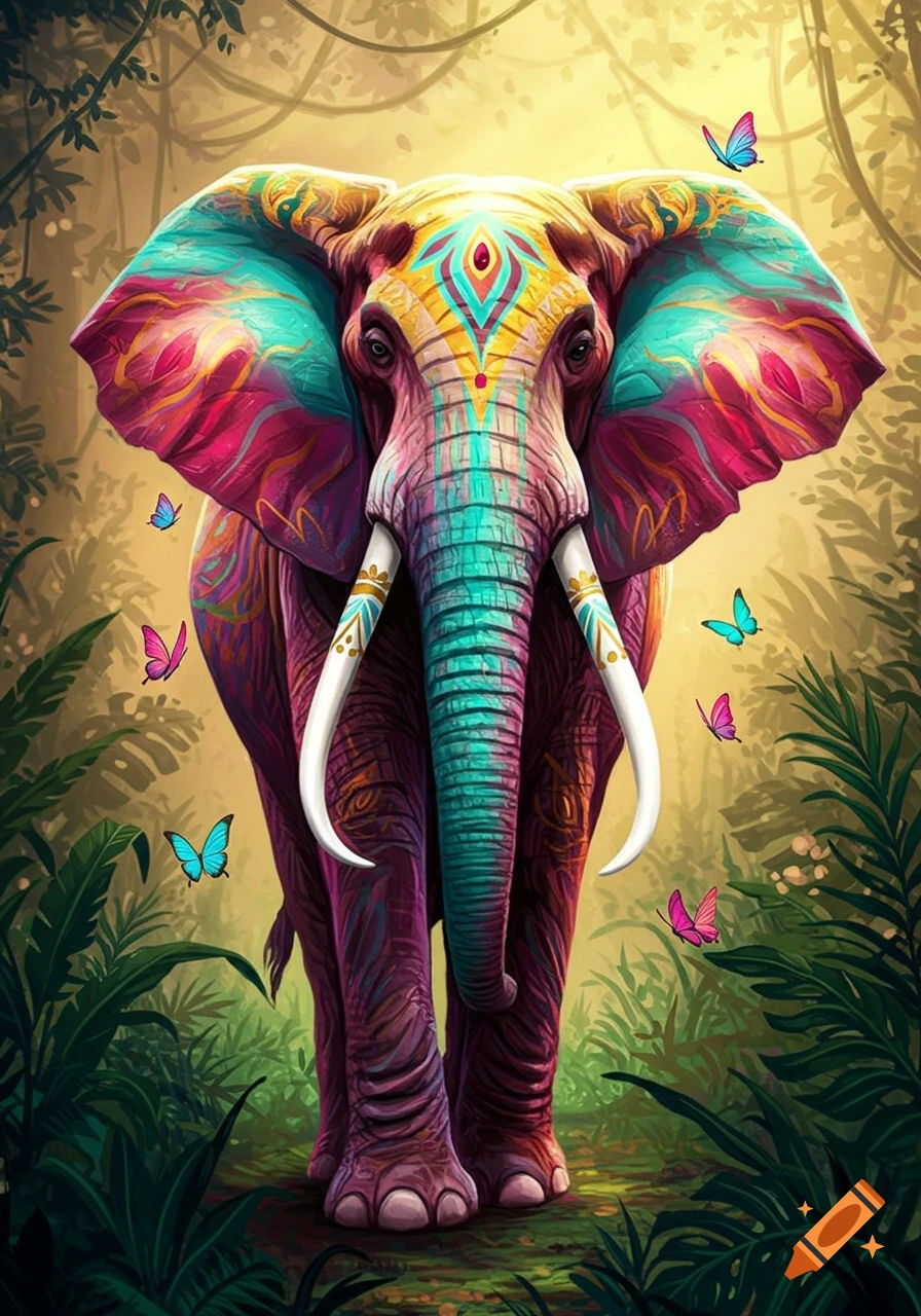 A vibrant, ornately patterned elephant with colorful markings stands in a lush jungle, surrounded by butterflies.