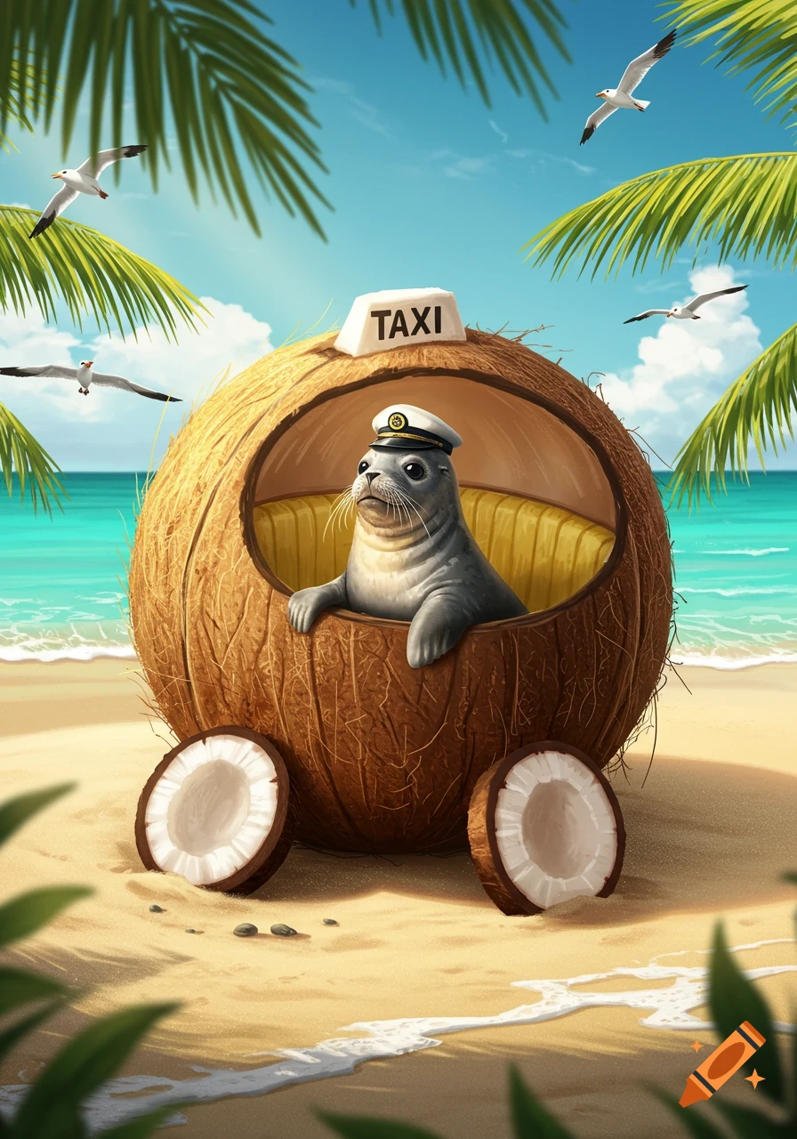 A cute seal wearing a captain's hat sits inside a coconut taxi on a sunny sandy beach with palm trees and seagulls.