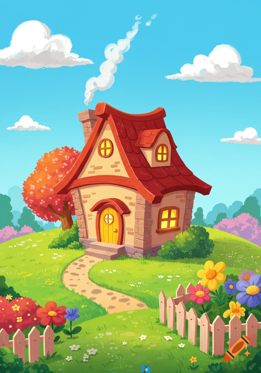 A vibrant cartoon house with a red roof, yellow door, and smoking chimney sits on a green hill with flowers and a path.