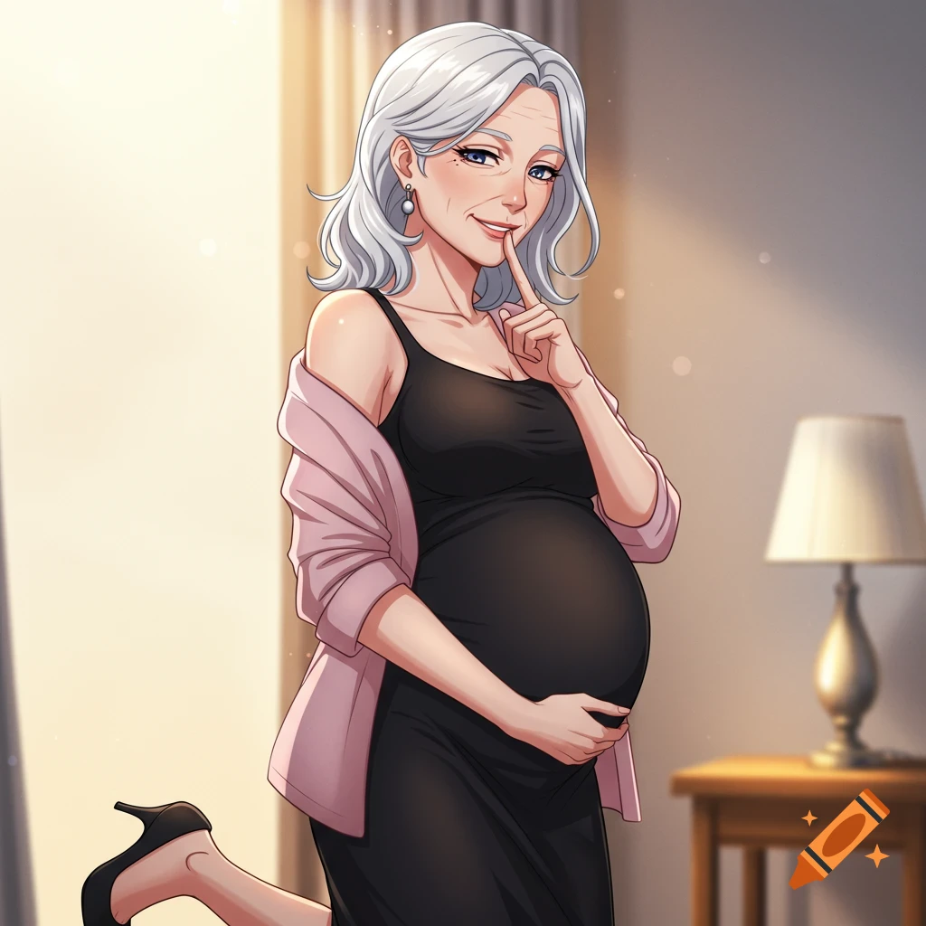 Animated anime-style portrait of a pregnant woman with silver hair, wearing a black dress and pink cardigan, subtly biting her finger.