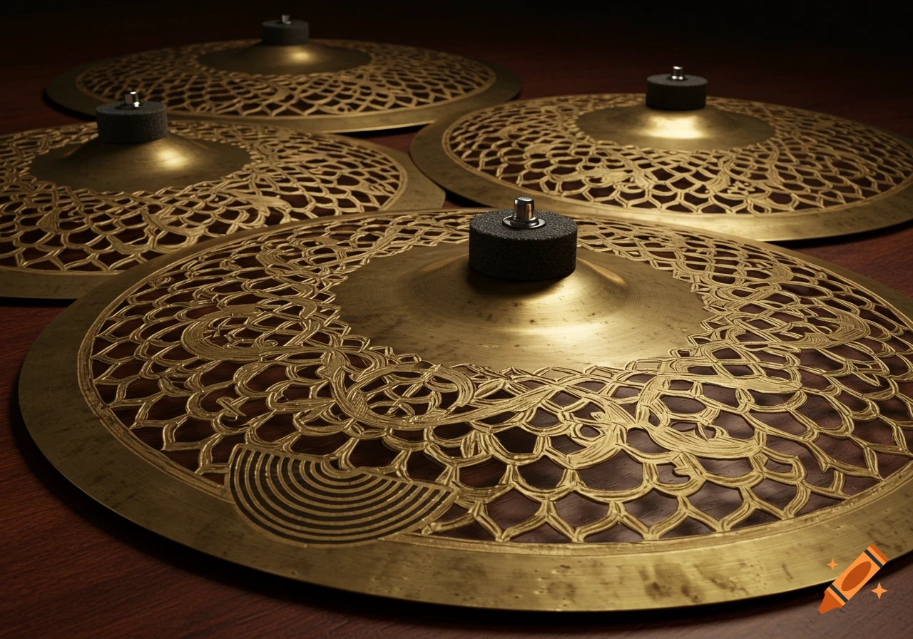 Four golden cymbals with intricate lattice acid-etched designs on a dark wooden surface, photorealistic.