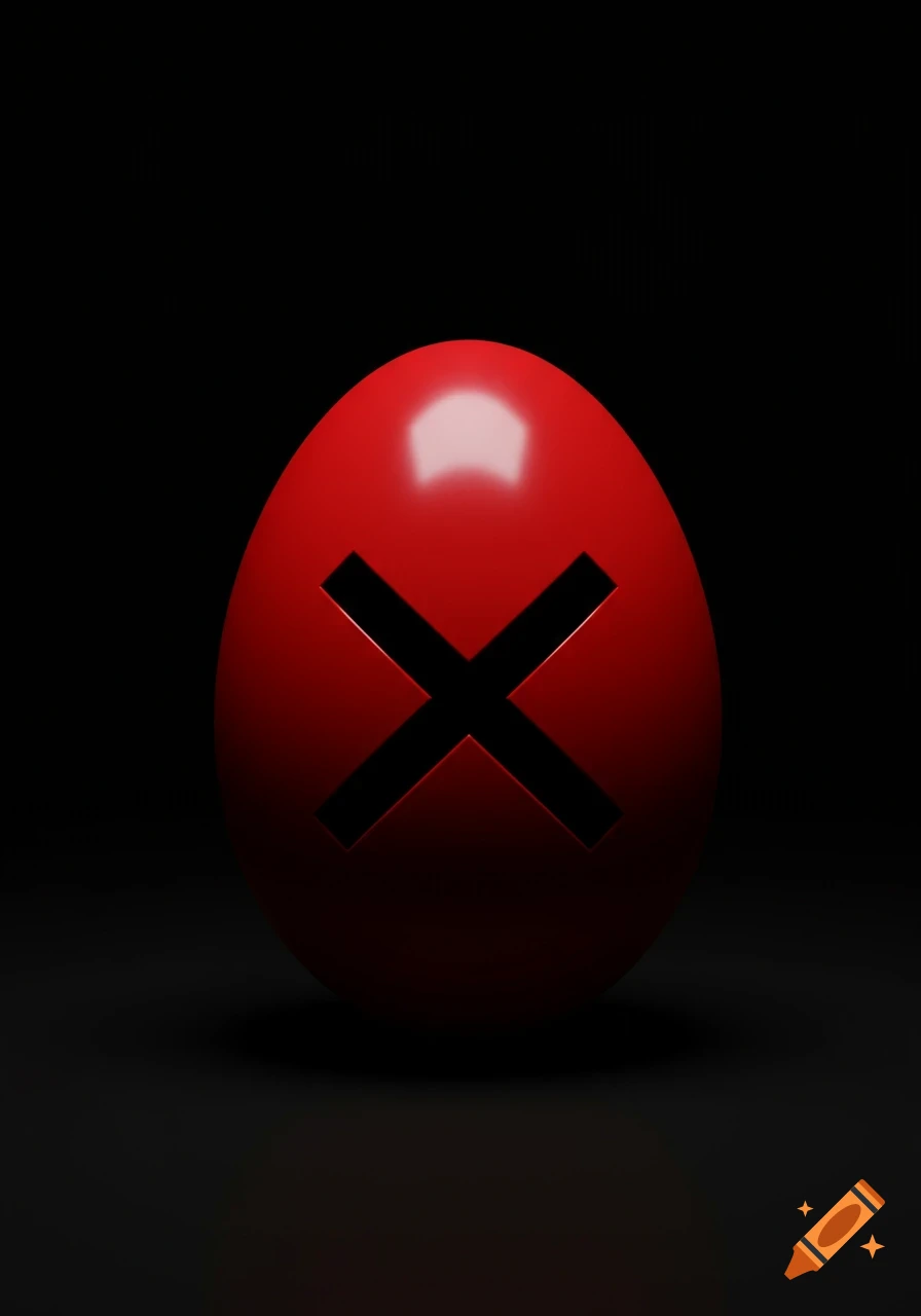 A red egg with a black X cutout on its front, set against a dark background.