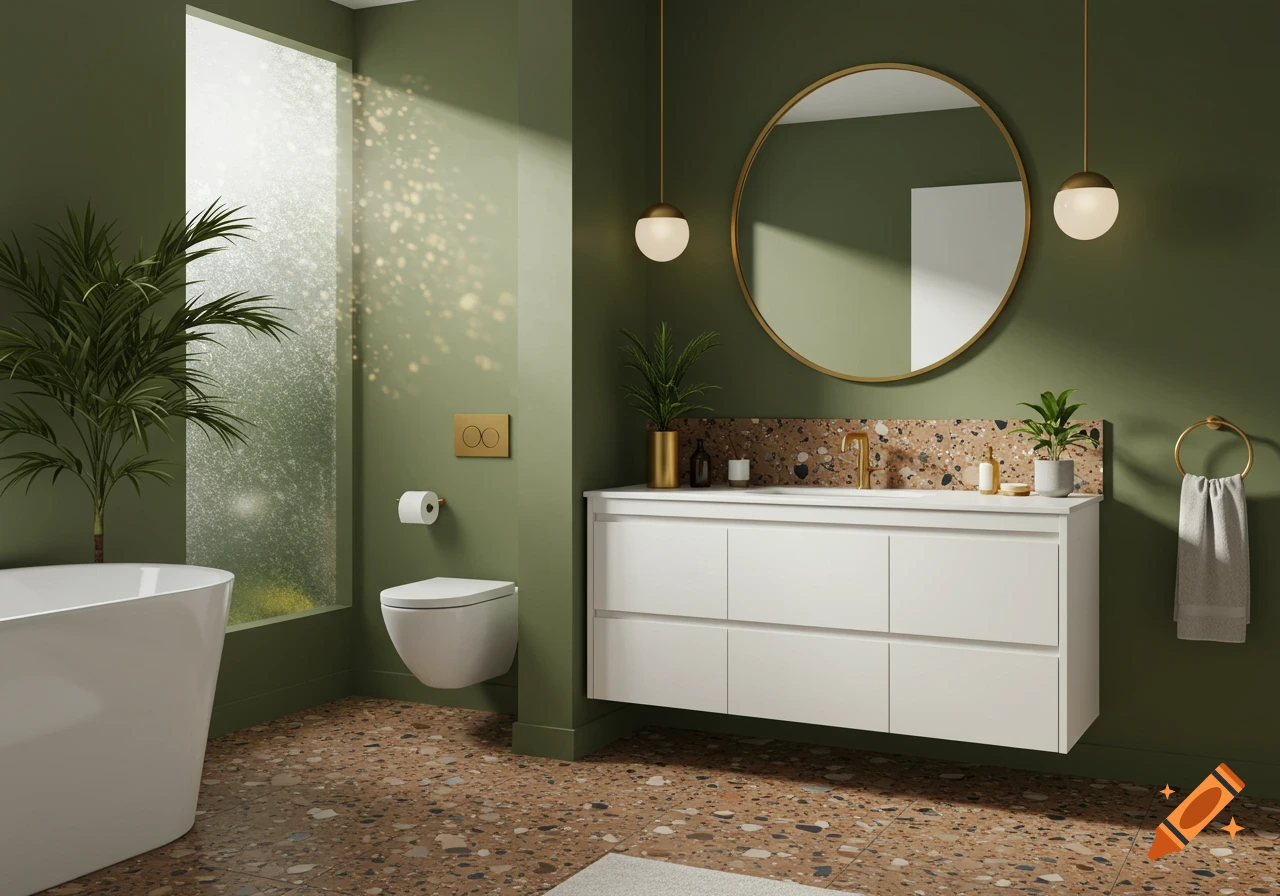 A modern bathroom interior with olive green walls, a white vanity, a round mirror, and a terrazzo tiled floor.