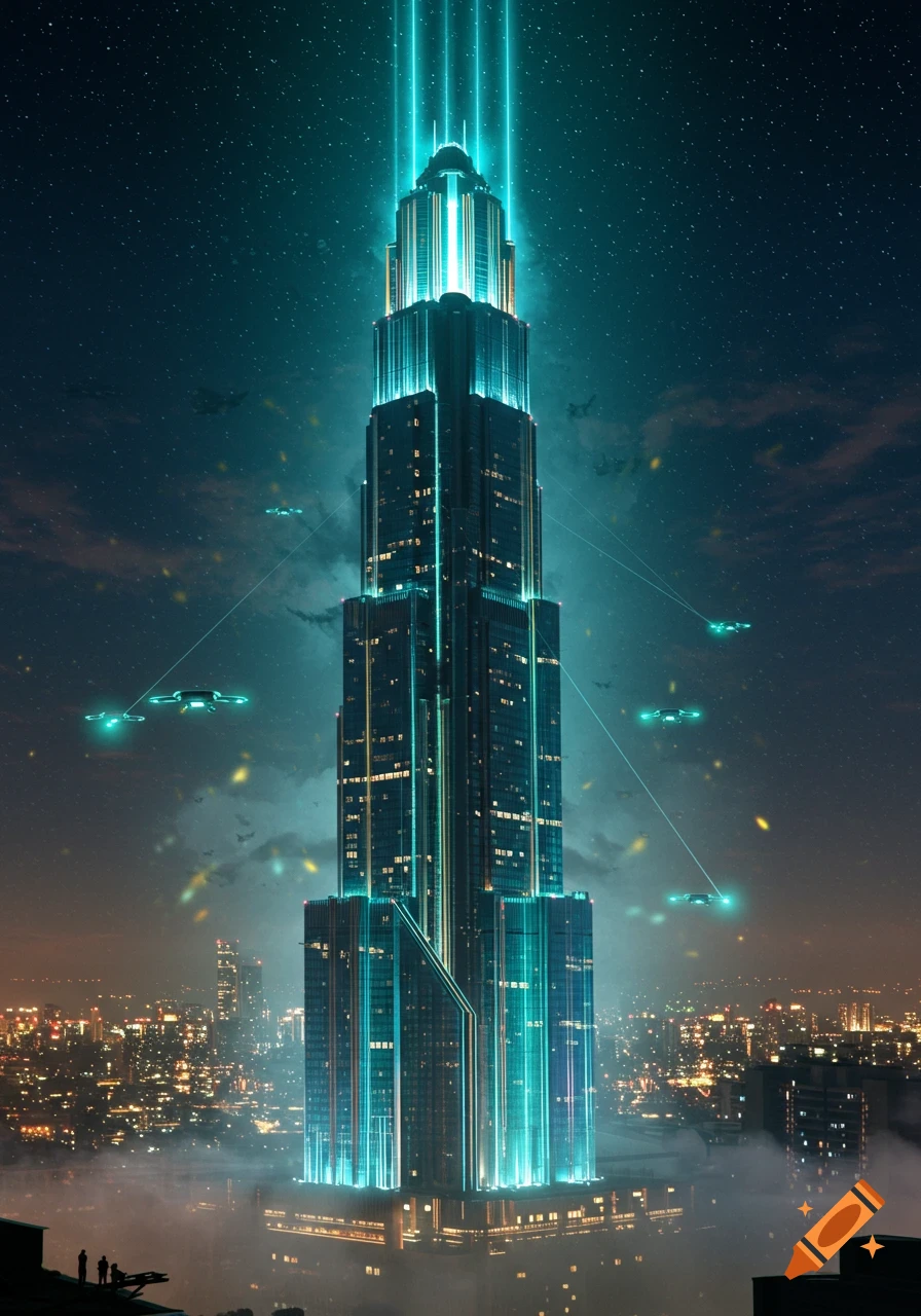 A towering futuristic skyscraper glows with blue light in a bustling city at night, with drones flying around it under a starry sky.