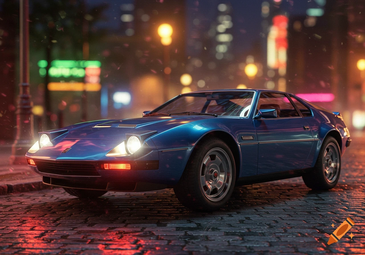 A blue vintage sports car is parked on a wet cobblestone street at night, illuminated by glowing city lights.