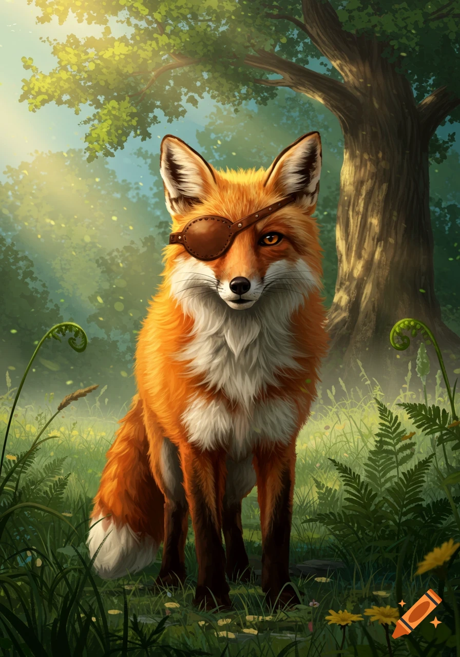 A red fox wearing a brown eyepatch sits in a lush green forest, with sunlight filtering through the trees. Illustrated.
