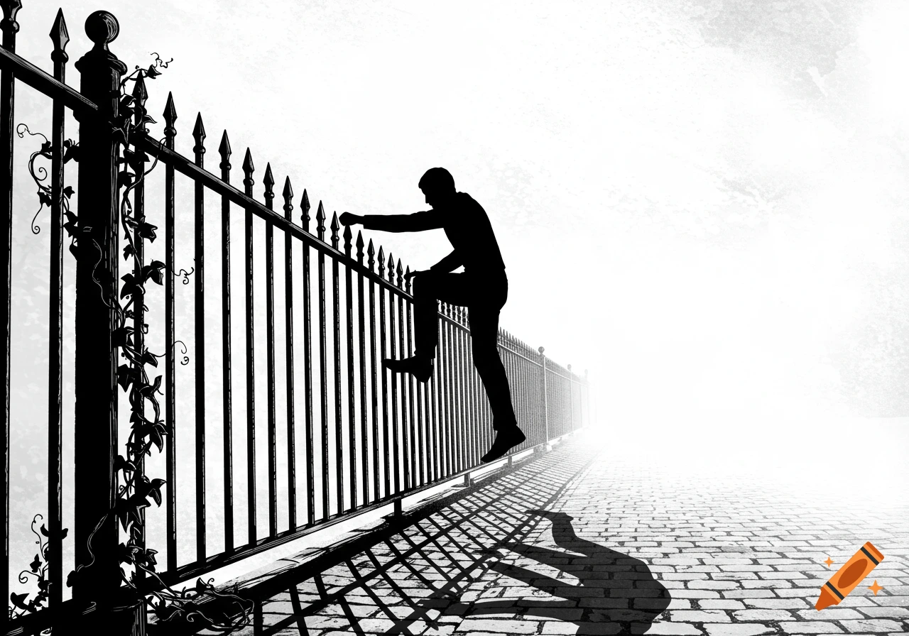 A stark black and white illustration of a silhouetted person climbing over a spiked fence, with vines growing on the left side and a paved path extending into a bright, hazy background.