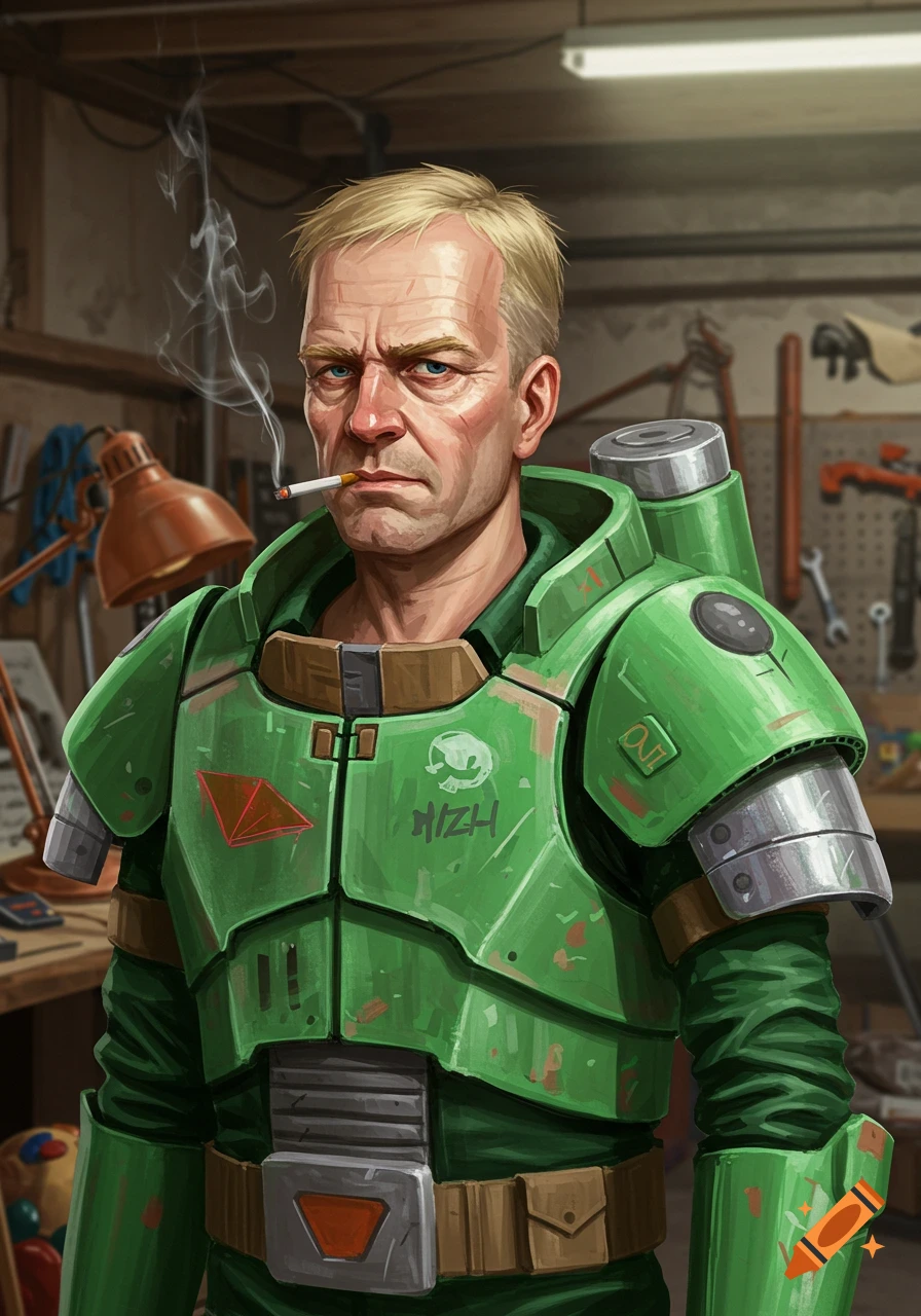 An illustration of a man with blond hair wearing a green space ranger costume, smoking a cigarette in a workshop.