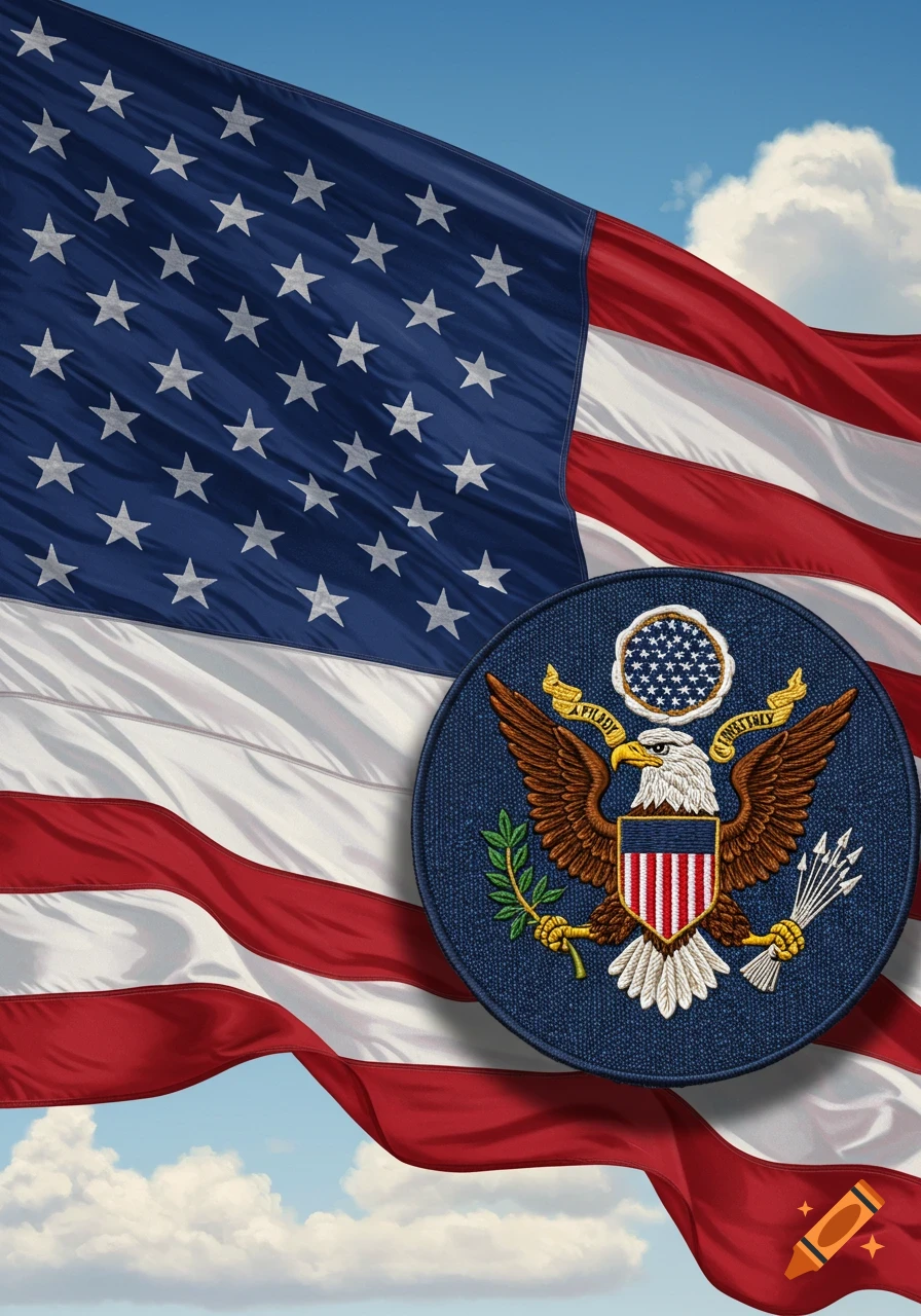 Waving American flag with an embroidered circular patch of an eagle emblem holding olive branch and arrows against a blue sky.