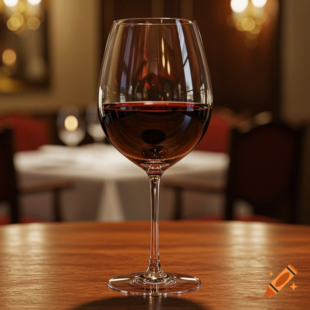 A close-up, photorealistic image of a full glass of red wine on a wooden table in a dimly lit restaurant.