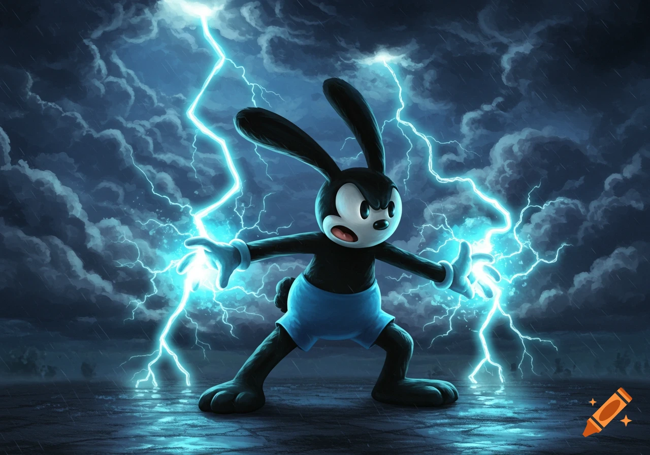 Oswald the Lucky Rabbit, a black cartoon rabbit with a white face and blue shorts, stands in a dark storm with bright blue lightning bolts around him and emanating from his hands.