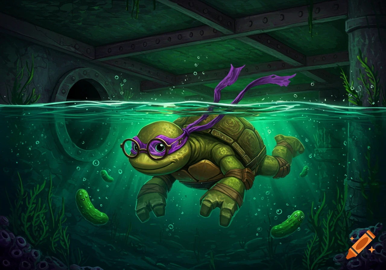 A cartoon turtle wearing a purple headband and glasses swims underwater in a green sewer with smiling pickles floating around.