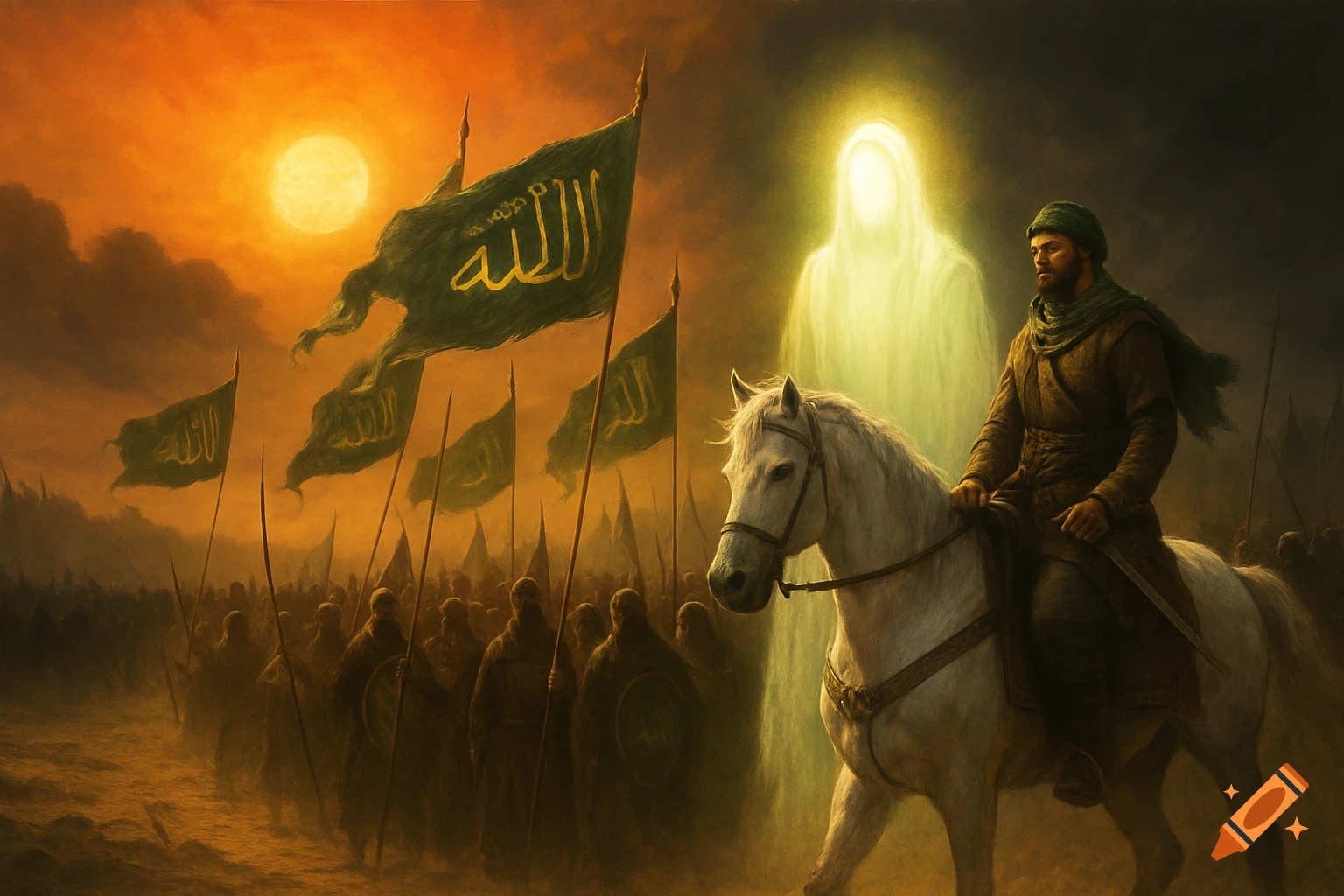 An epic painting of a man on a white horse leading an army with green flags in a desert at sunset, accompanied by a glowing, ethereal figure.