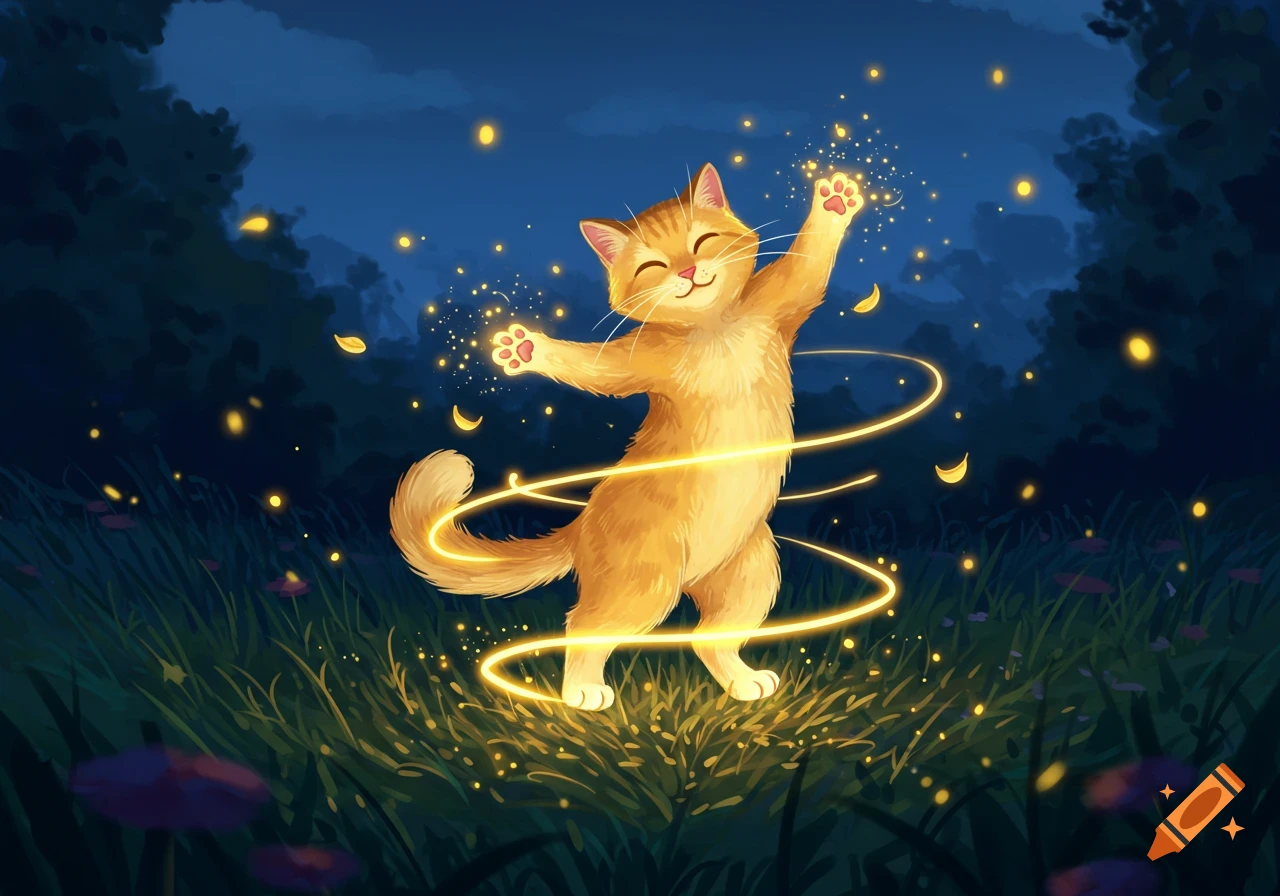 A happy orange cartoon cat stands in a dark forest at night, surrounded by glowing golden light and sparkling particles.