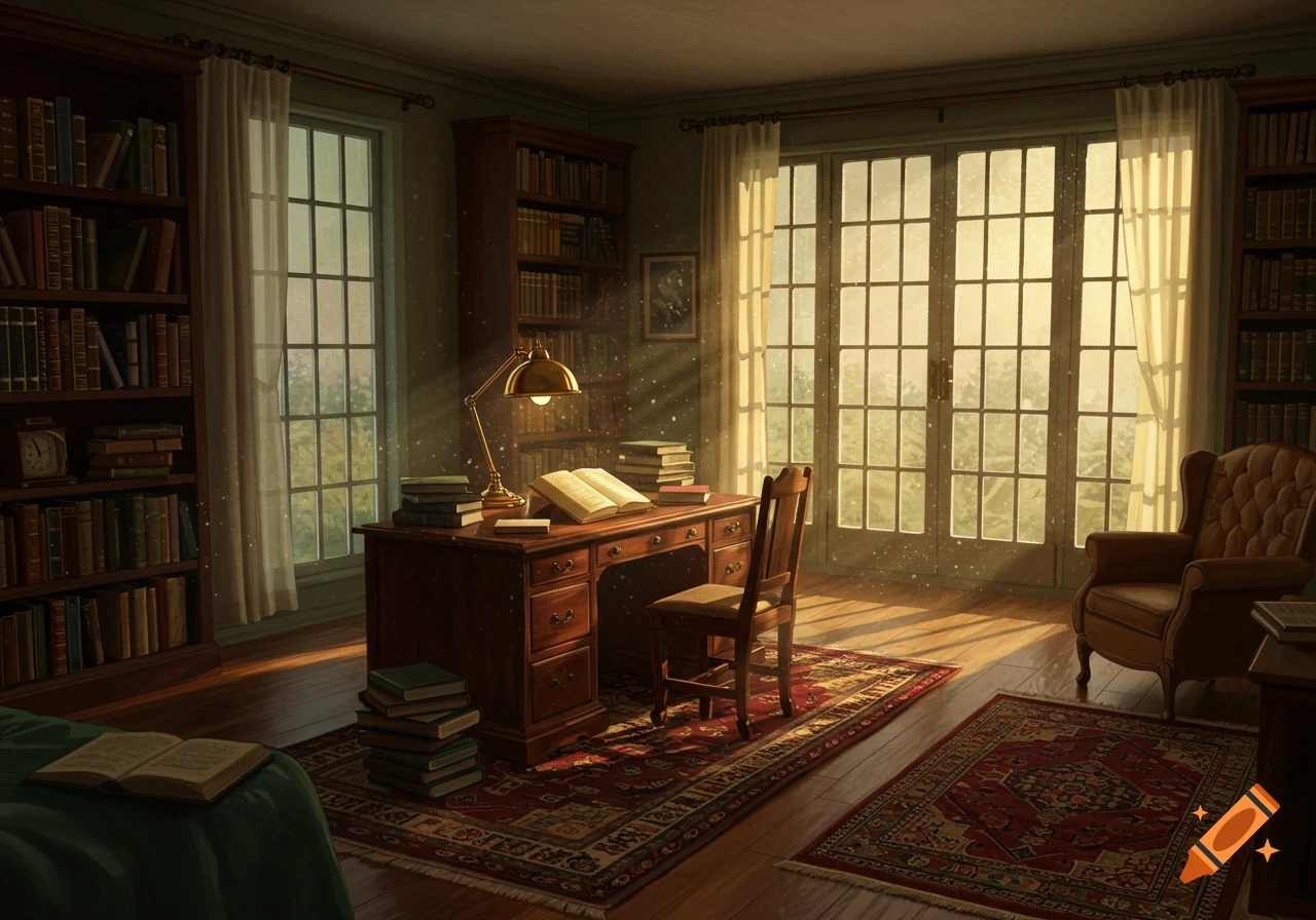 A sunlit study with a wooden desk, chair, and bookshelves. Warm light streams through large windows, illuminating dust particles and casting long shadows.