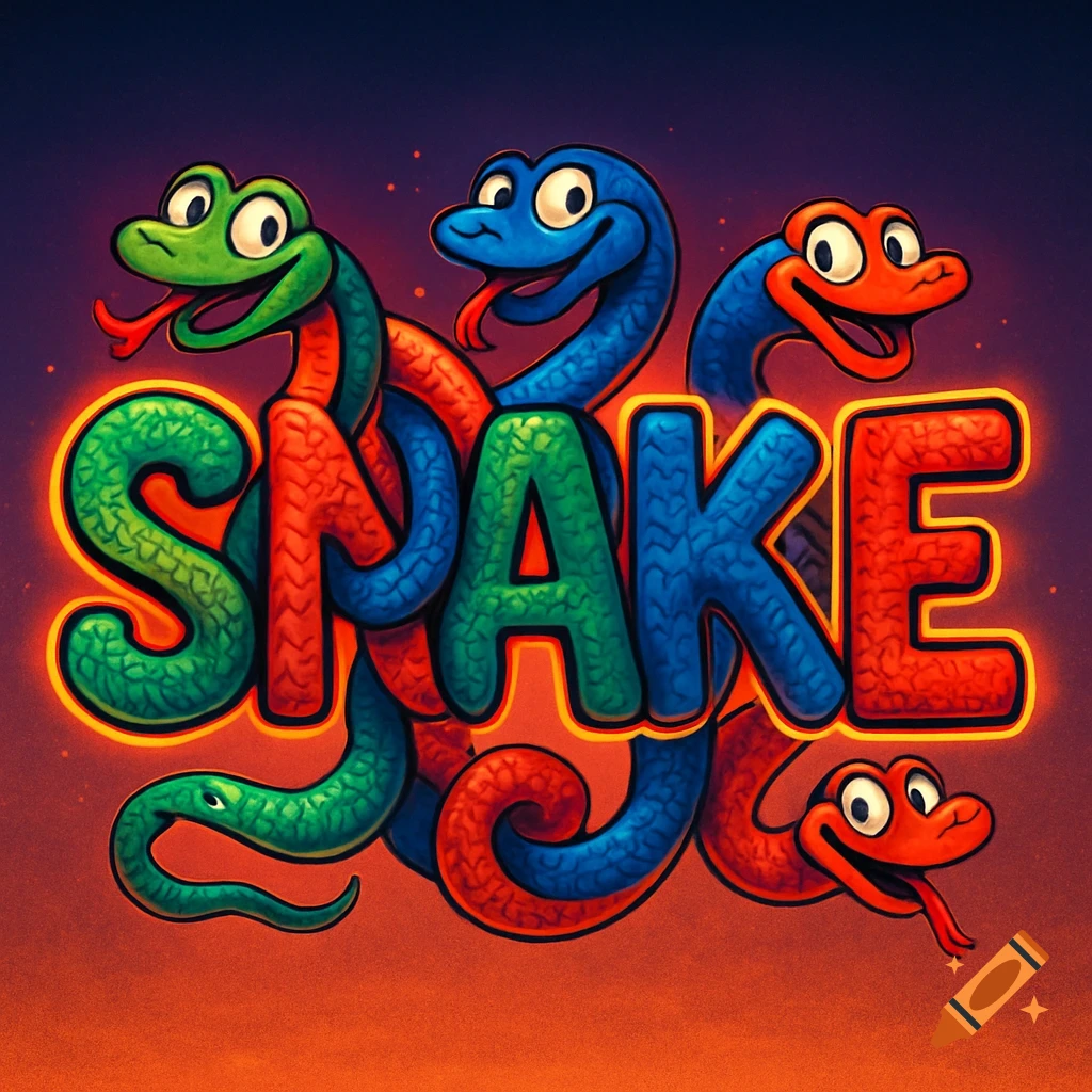 A cartoon illustration of colorful snakes forming the capital letters of the word 'SNAKE'.